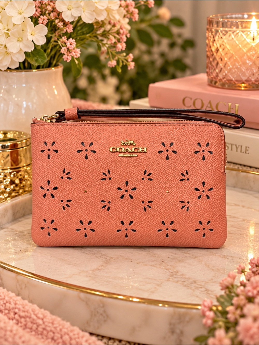 Coach Mauve Pink Floral Perforated Leather Corner Zip Wristlet EUC